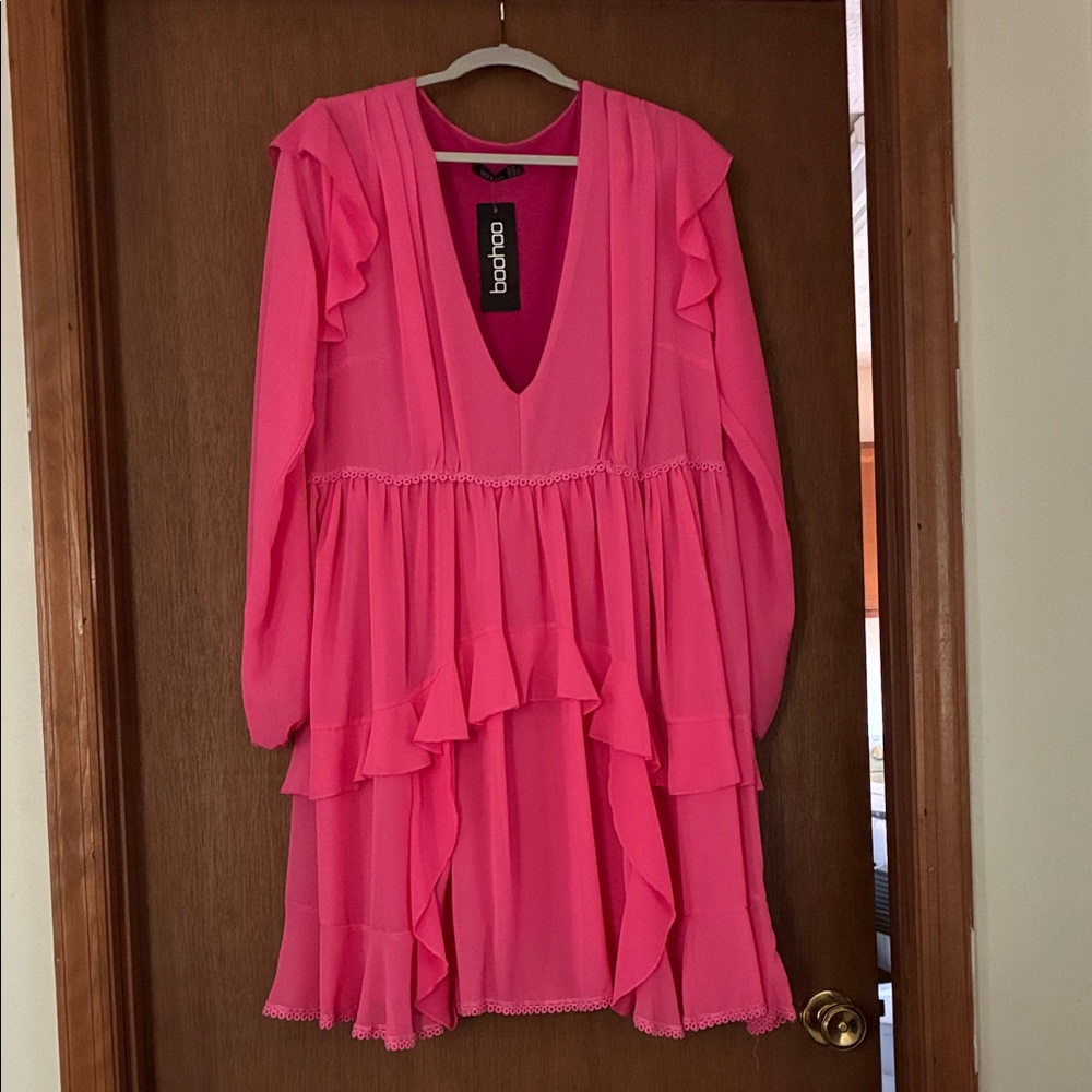 Boohoo Hot Pink Ruffled V-Neck Dress